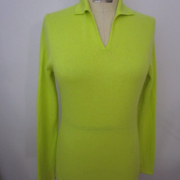 Peck & Peck Sweaters - Chartreuse CASHMERE Pullover Sweater V Neck Polo Cuddly Knit Luxury